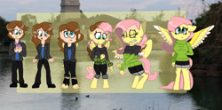 Size: 3671x1815 | Tagged: safe, artist:toffee-the-dingo, imported from derpibooru, fluttershy, anthro, human, pegasus, unguligrade anthro, clothes, high res, human to anthro, male to female, rule 63, sweater, sweatershy, transformation, transformation sequence, transgender transformation