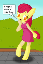 Size: 1352x2004 | Tagged: safe, artist:sin-r, imported from derpibooru, apple bloom, earth pony, human, pony, age regression, breasts, clothes, dress, female, human to pony, solo, speech bubble, transformation, younger