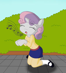 Size: 1628x1800 | Tagged: safe, artist:sin-r, imported from derpibooru, sweetie belle, human, pony, unicorn, age regression, breasts, clothes, eyes closed, female, horn, human to pony, kneeling, music notes, partial nudity, shoes, singing, skirt, socks, solo, strategically covered, topless, transformation, younger