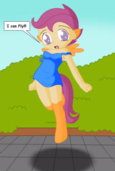 Size: 1472x2180 | Tagged: safe, artist:sin-r, imported from derpibooru, scootaloo, human, pegasus, pony, age regression, breasts, clothes, dress, female, flying, human to pony, solo, speech bubble, transformation, younger