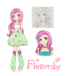 Size: 1200x1400 | Tagged: safe, artist:madokakoaki, imported from derpibooru, fluttershy, human, blushing, boots, bracelet, clothes, cute, dress, female, fluttershy's skirt, humanized, jewelry, necklace, shoes, shyabetes, simple background, skirt, socks, solo, stockings, tanktop, thigh highs, white background