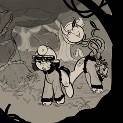 Size: 1000x1000 | Tagged: safe, artist:shouldbedrawing, imported from derpibooru, oc, oc only, earth pony, pony, blush sticker, blushing, clothes, duo, eyes closed, female, forest, headlamp, helmet, jacket, leaf, lidded eyes, mare, mining helmet, monochrome, nature, open mouth, open smile, partial color, smiling, tree