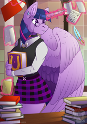Size: 2141x3039 | Tagged: safe, artist:grumpygriffcreation, imported from derpibooru, twilight sparkle, alicorn, anthro, book, clothes, friendship journal, magic, quill, skirt, solo, twilight sparkle (alicorn)