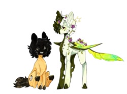 Size: 1597x1187 | Tagged: safe, artist:m00nkachu, imported from derpibooru, oc, oc only, changeling, earth pony, pony, duo, female, flower, flower in hair, heterochromia, horn, mare, simple background, sitting, substrate body, white background