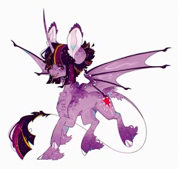Size: 1050x1000 | Tagged: safe, artist:m00nkachu, imported from derpibooru, twilight sparkle, alicorn, bat pony, bat pony alicorn, pony, alternate design, bat wings, chest fluff, cloven hooves, curved horn, ear fluff, ear tufts, fangs, female, horn, leonine tail, mare, race swap, simple background, solo, spread wings, tail, twilight sparkle (alicorn), unshorn fetlocks, white background, wings