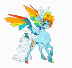 Size: 960x915 | Tagged: safe, artist:m00nkachu, imported from derpibooru, rainbow dash, pegasus, pony, alternate design, chest fluff, ear piercing, earring, female, jewelry, mare, piercing, simple background, solo, spread wings, white background, winged hooves, wings