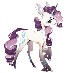 Size: 1245x1326 | Tagged: safe, artist:m00nkachu, imported from derpibooru, rarity, classical unicorn, pony, unicorn, alternate design, cloven hooves, female, horn, horn jewelry, jewelry, leonine tail, mare, necklace, simple background, solo, unshorn fetlocks, white background