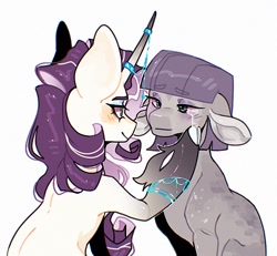 Size: 675x625 | Tagged: safe, artist:m00nkachu, imported from derpibooru, maud pie, rarity, earth pony, pony, unicorn, alternate design, bracelet, crying, duo, female, horn, horn jewelry, jewelry, lesbian, mare, rarimaud, shipping, simple background, unshorn fetlocks, white background
