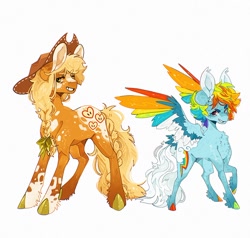 Size: 960x915 | Tagged: safe, artist:m00nkachu, imported from derpibooru, applejack, earth pony, pegasus, pony, alternate design, applejack's hat, braid, chest fluff, coat markings, cowboy hat, duo, ear tufts, female, hat, height difference, mare, simple background, size comparison, spread wings, unshorn fetlocks, white background, winged hooves, wings