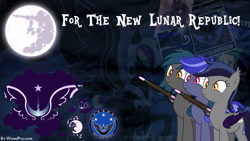 Size: 1920x1080 | Tagged: safe, artist:wornpaladin, artist:worny, imported from derpibooru, nightmare moon, princess luna, bat pony, pony, equestria at war mod, chiropterra, for the new lunar republic, gun, lunar empire, military, moon, new lunar republic, night, night guard, not a clever pony, propaganda, propaganda poster, soldier, soldiers, weapon