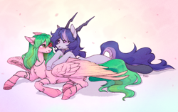 Size: 1574x995 | Tagged: safe, artist:sparkling_light, imported from derpibooru, oc, pegasus, pony, duo, female, flower, horn, large wings, rose, wings