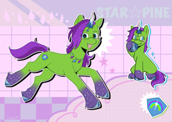 Size: 4132x2919 | Tagged: safe, artist:daisy_marshmallow, imported from derpibooru, oc, oc:star pine, pony, auroricorn, auroricorn oc, female, g5, glasses, high res, jewelry, mare, necklace, reference sheet, sharp teeth, solo, teeth, text