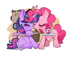 Size: 2944x2500 | Tagged: safe, artist:chengzi82020, imported from derpibooru, owlowiscious, pinkie pie, twilight sparkle, bird, earth pony, owl, pony, unicorn, abstract background, blushing, book, cupcake, eyes closed, female, food, heart, horn, kiss, kissing, lesbian, mare, nose kiss, plate, quill, shipping, sitting, twinkie
