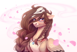 Size: 3000x2000 | Tagged: safe, artist:sparkling_light, imported from derpibooru, oc, oc only, oc:ondrea, pegasus, pony, crying, female, floppy ears, jewelry, mare, pegasus oc, pendant, petals, simple background, skull, white background, wings