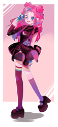 Size: 1445x3181 | Tagged: safe, artist:zhen573233, imported from derpibooru, pinkie pie, human, abstract background, clothes, dress, humanized, long socks, open mouth, peace sign, platform boots, smiling, solo