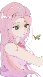 Size: 1080x1920 | Tagged: safe, artist:xinjinjumin566431727446, imported from derpibooru, fluttershy, butterfly, human, bust, humanized, portrait, simple background, slender, solo, thin, white background