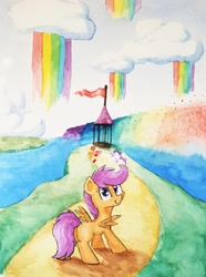 Size: 2000x2689 | Tagged: safe, artist:chevaleto, derpibooru exclusive, imported from derpibooru, apple bloom, applejack, rarity, scootaloo, sweetie belle, pegasus, pony, sleepless in ponyville, cloud, female, filly, flag, foal, high res, implied rainbow dash, lake, looking at you, mare, path, rainbow waterfall, scene interpretation, spread wings, traditional art, water, watercolor painting, wings, winsome falls