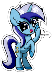 Size: 627x881 | Tagged: safe, artist:scandianon, imported from derpibooru, minuette, pony, unicorn, big head, female, horn, hug request, looking at you, mare, open mouth, open smile, raised hoof, rearing, simple background, smiling, solo, squishy cheeks, talking to viewer, transparent background