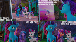 Size: 2000x1125 | Tagged: safe, edit, edited screencap, editor:quoterific, imported from derpibooru, screencap, izzy moonbow, zipp storm, earth pony, pegasus, pony, unicorn, adorazipp, cute, family trees, g5, horn, misty brightdawn, my little pony: make your mark, my little pony: make your mark chapter 5, painting