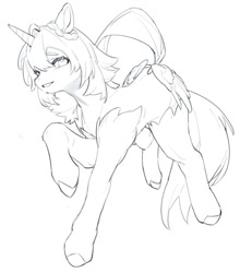 Size: 667x759 | Tagged: safe, artist:__baiq, imported from derpibooru, oc, oc only, alicorn, pony, alicorn oc, black and white, butt wings, female, grayscale, horn, mare, monochrome, simple background, sketch, solo, white background, wings