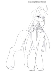 Size: 632x832 | Tagged: safe, artist:__baiq, imported from derpibooru, oc, oc only, pony, unicorn, black and white, clothes, curved horn, female, grayscale, horn, mare, monochrome, simple background, sketch, solo, unshorn fetlocks, white background