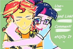 Size: 1284x863 | Tagged: safe, artist:sunsetzine, imported from derpibooru, sci-twi, sunset shimmer, twilight sparkle, human, 1000 hours in ms paint, base used, bowtie, duo, female, glasses, hug, hug from behind, lesbian, sci-twishimmer, shipping, sunsetsparkle