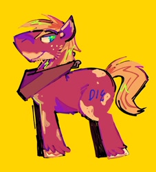 Size: 1676x1843 | Tagged: safe, artist:sunsetzine, imported from derpibooru, big macintosh, earth pony, pony, editorial cutie mark, facial hair, freckles, horse collar, male, simple background, solo, stallion, unshorn fetlocks, yellow background