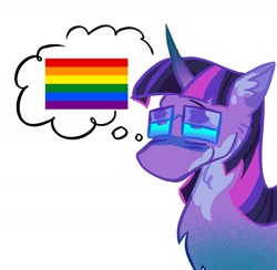 Size: 1955x1910 | Tagged: safe, artist:sunsetzine, imported from derpibooru, twilight sparkle, pony, unicorn, curved horn, female, gay pride flag, glasses, horn, mare, pride, pride flag, solo, thought bubble