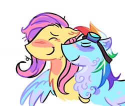 Size: 1395x1185 | Tagged: safe, artist:sunsetzine, imported from derpibooru, fluttershy, rainbow dash, pegasus, pony, alternate design, chest fluff, duo, ear fluff, female, flutterdash, goggles, goggles on head, height difference, hug, lesbian, mare, shipping, simple background, tallershy, white background, winghug, wings