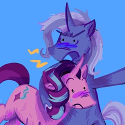 Size: 2048x2048 | Tagged: safe, artist:sunsetzine, imported from derpibooru, starlight glimmer, trixie, pony, unicorn, angry, blue background, blushing, curved horn, duo, female, horn, hug, lesbian, mare, shipping, simple background, startrix, sweat, yelling