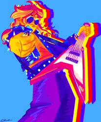 Size: 1480x1790 | Tagged: safe, artist:sunsetzine, imported from derpibooru, sunset shimmer, human, equestria girls, blue background, clothes, electric guitar, female, guitar, guitar pick, jacket, leather, leather jacket, musical instrument, rockstar, simple background, solo, spiked wristband, sunglasses, wristband
