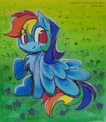 Size: 2652x3038 | Tagged: safe, artist:twentysixthirtyseven, derpibooru exclusive, imported from derpibooru, rainbow dash, pegasus, pony, colored, grass, grass field, painting, signature, sitting, smiling, wings, wings down