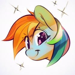 Size: 2048x2048 | Tagged: safe, artist:mirroredsea, imported from derpibooru, rainbow dash, pegasus, bust, female, looking at you, mare, portrait, simple background, smiling, sparkles, white background