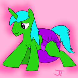 Size: 640x640 | Tagged: safe, artist:joeydr, imported from derpibooru, oc, oc:green byte, pony, unicorn, diaper, diaper fetish, fetish, horn, male, pink background, poofy diaper, simple background, solo, stallion