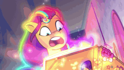Size: 1280x720 | Tagged: safe, imported from derpibooru, screencap, sunny starscout, zipp storm, earth pony, pegasus, pony, spoiler:g5, spoiler:my little pony: tell your tale, spoiler:tyts02e11, :o, absurd file size, absurd gif size, animated, crystal brighthouse, female, filly, filly sunny starscout, g5, gif, magic, male, mare, my little pony: tell your tale, open mouth, scrapbook, stallion, written in the starscouts, younger