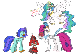 Size: 3109x2212 | Tagged: safe, artist:supahdonarudo, imported from derpibooru, princess celestia, queen novo, oc, oc:ironyoshi, oc:sea lilly, alicorn, classical hippogriff, hippogriff, unicorn, my little pony: the movie, birthday, birthday cake, cake, camera, clothes, flying, food, happy, hat, holding, horn, jewelry, levitation, magic, necklace, party hat, shirt, simple background, telekinesis, transparent background