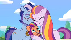Size: 2160x1215 | Tagged: safe, imported from derpibooru, screencap, sunny starscout, earth pony, pony, spoiler:g5, spoiler:my little pony: tell your tale, spoiler:tyts02e11, argyle starshine, eyes closed, family, father and child, father and daughter, female, filly, filly sunny starscout, foal, g5, hug, male, mane stripe sunny, mare, mother and child, mother and daughter, mother and father, my little pony: tell your tale, smiling, stallion, sunny starscout's mother, wingding eyes, written in the starscouts, younger