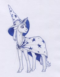 Size: 682x868 | Tagged: safe, artist:adeptus-monitus, imported from derpibooru, trixie, cape, clothes, hat, monochrome, solo, traditional art, trixie's cape, trixie's hat