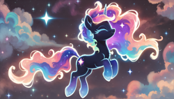 Size: 3840x2176 | Tagged: prompter needed, safe, edit, imported from derpibooru, oc, oc only, unicorn, ai content, ai generated, cloud, ethereal mane, ethereal tail, eyes closed, female, floating, full body, generator:autismmix confetti, generator:novelai, generator:stable diffusion, glowing, glowing horn, high res, horn, mare, nebula, side view, smiling, solo, stars, tail, unicorn oc, wallpaper