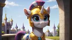 Size: 3840x2160 | Tagged: safe, imported from derpibooru, oc, oc only, pony, unicorn, ai content, ai generated, canterlot castle, cloud, female, generator:autismmix confetti, generator:stable diffusion, helmet, high res, horn, looking at you, mare, prompter:truekry, royal guard, sky, smiling, smiling at you, solo, upper body