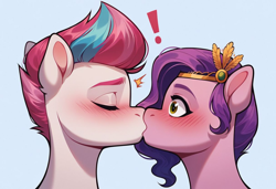 Size: 1216x832 | Tagged: safe, imported from derpibooru, pipp petals, zipp storm, pegasus, pony, ai content, ai generated, anonymous prompter, blushing, duo, duo female, exclamation point, eyes closed, female, g5, generator:pony diffusion v6 xl, generator:stable diffusion, incest, kiss on the lips, kissing, lesbian, petalstorm, royal sisters (g5), shipping, siblings, sisters, surprise kiss, surprised, wide eyes