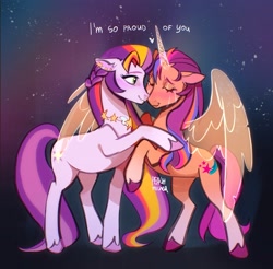 Size: 2219x2181 | Tagged: safe, artist:peachmichea, imported from derpibooru, sunny starscout, alicorn, earth pony, pony, artificial horn, artificial wings, augmented, blushing, crying, duo, duo female, eyes closed, female, floppy ears, g5, horn, hug, jewelry, magic, magic horn, magic wings, mare, mother and child, mother and daughter, necklace, race swap, raised hoof, signature, smiling, spread wings, sunny starscout's mother, sunnycorn, tail, tears of joy, unshorn fetlocks, wings