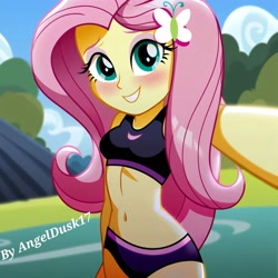 Size: 4096x4096 | Tagged: safe, imported from derpibooru, fluttershy, equestria girls, ai content, ai generated, clothes, cloud, photoshop, prompter:angeldusk17, selfie, sky, sports, sports bra, sports outfit, sports panties, tree