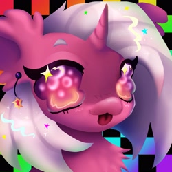 Size: 2537x2537 | Tagged: safe, artist:larvaecandy, imported from derpibooru, oc, oc only, pony, unicorn, :3, big ears, big eyes, checkered background, chest fluff, colored eyebrows, colored sclera, commission, ear fluff, eyelashes, freckles, gradient eyes, high res, horn, lidded eyes, lineless, long mane, looking at you, oc name needed, patterned background, pink coat, profile picture, purple sclera, shiny mane, smiling, smiling at you, solo, sparkly eyes, sparkly mane, tongue out, two toned eyes, unicorn horn, unicorn oc, white mane, wingding eyes