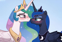 Size: 700x479 | Tagged: safe, imported from derpibooru, princess celestia, princess luna, alicorn, ai content, ai generated, blushing, boop, duo, duo female, female, generator:pony diffusion v6 xl, generator:stable diffusion, horn, horns, horns are touching, incest, lesbian, looking at each other, looking at someone, nose wrinkle, noseboop, princest, royal sisters, shipping, siblings, sisters, smiling, smiling at each other, wings