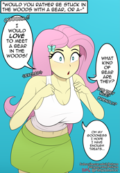 Size: 3113x4500 | Tagged: safe, artist:pshyzomancer, imported from derpibooru, fluttershy, human, equestria girls, blue background, breasts, busty fluttershy, clothes, cute, dialogue, excited, hairpin, humanized, leaning forward, meme, simple background, skirt, sparkly eyes, tanktop, text, wingding eyes