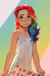 Size: 683x1024 | Tagged: prompter needed, safe, rainbow dash, human, abstract background, ai content, ai generated, blushing, child, clothes, cute, dashabetes, female, flower, flower in hair, freckles, humanized, looking at you, skirt, solo, younger