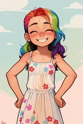Size: 683x1024 | Tagged: prompter needed, safe, rainbow dash, human, ai content, ai generated, blushing, child, clothes, cloud, cute, dashabetes, dress, eyes closed, female, freckles, grin, hand on hip, humanized, sky, smiling, solo, sundress, teeth, younger