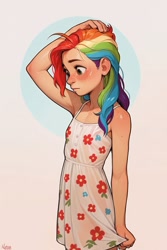 Size: 683x1024 | Tagged: prompter needed, safe, rainbow dash, human, abstract background, ai content, ai generated, blushing, child, clothes, dress, female, grabbing, hand on head, humanized, skirt, solo, sundress, younger