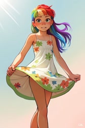 Size: 683x1024 | Tagged: prompter needed, safe, rainbow dash, human, ai content, ai generated, blushing, child, clothes, dress, female, freckles, grabbing, grin, humanized, looking at you, pulling, skirt, skirt lift, sky, smiling, solo, sundress, sunlight, younger